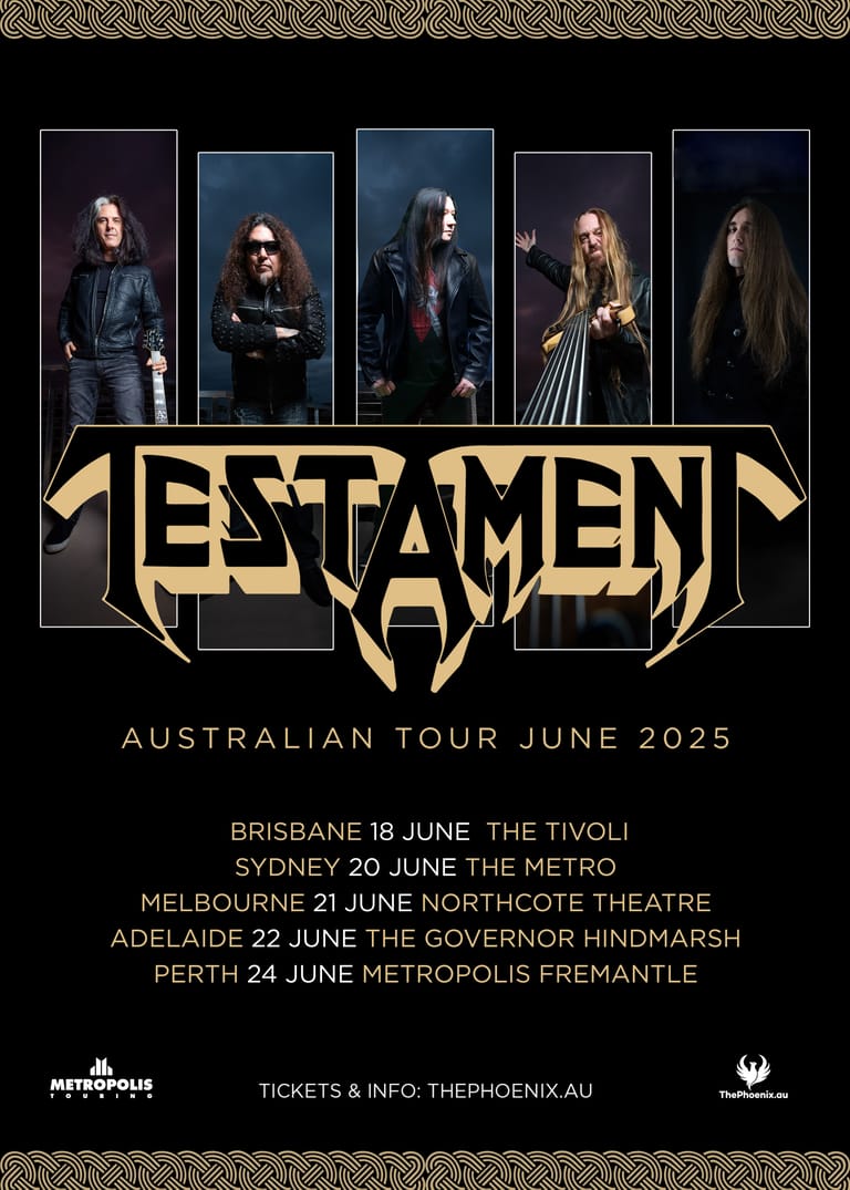 Five members of Testament stand in individual lit panels above the band's gold logo, with Australian tour dates listed below.