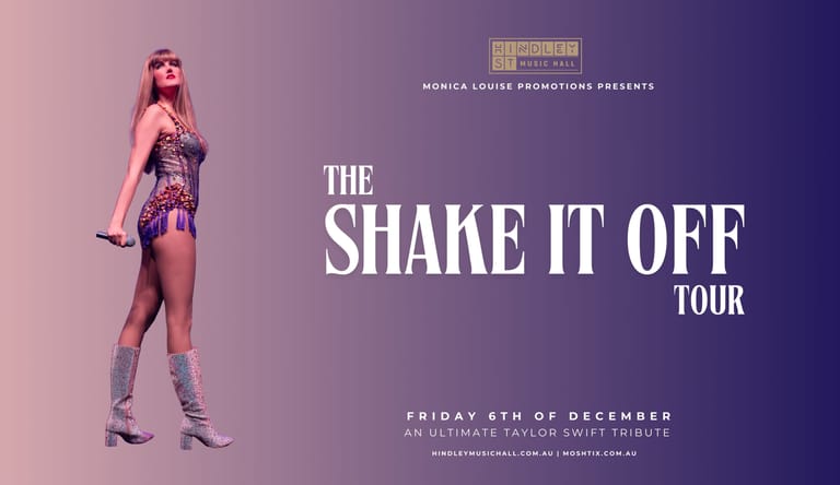 Performer in pink sequined outfit and boots stands against purple gradient backdrop with "The Shake It Off Tour" text overlay.