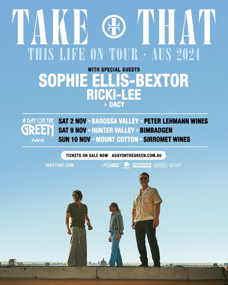 Take That tour poster featuring three band members standing on a rooftop against a blue sky, with Australian dates and venue information displayed above.