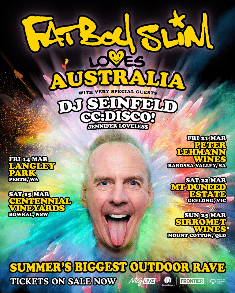 Bald man with tongue out against colourful psychedelic background on Fatboy Slim Australia tour poster with venue dates.