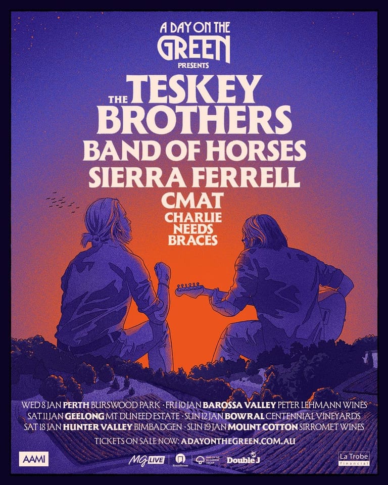 Two musicians silhouetted against a purple and orange sunset sky at A Day on the Green festival poster.
