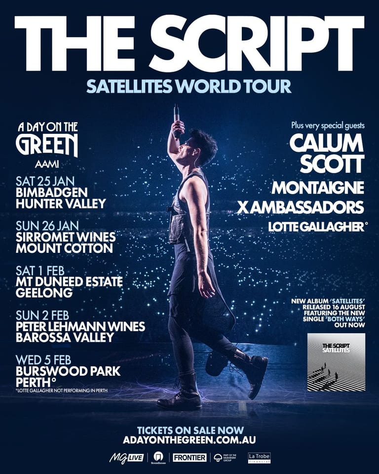 Two performers suspended in air against a starlit blue backdrop during The Script's Satellites World Tour promotional poster.