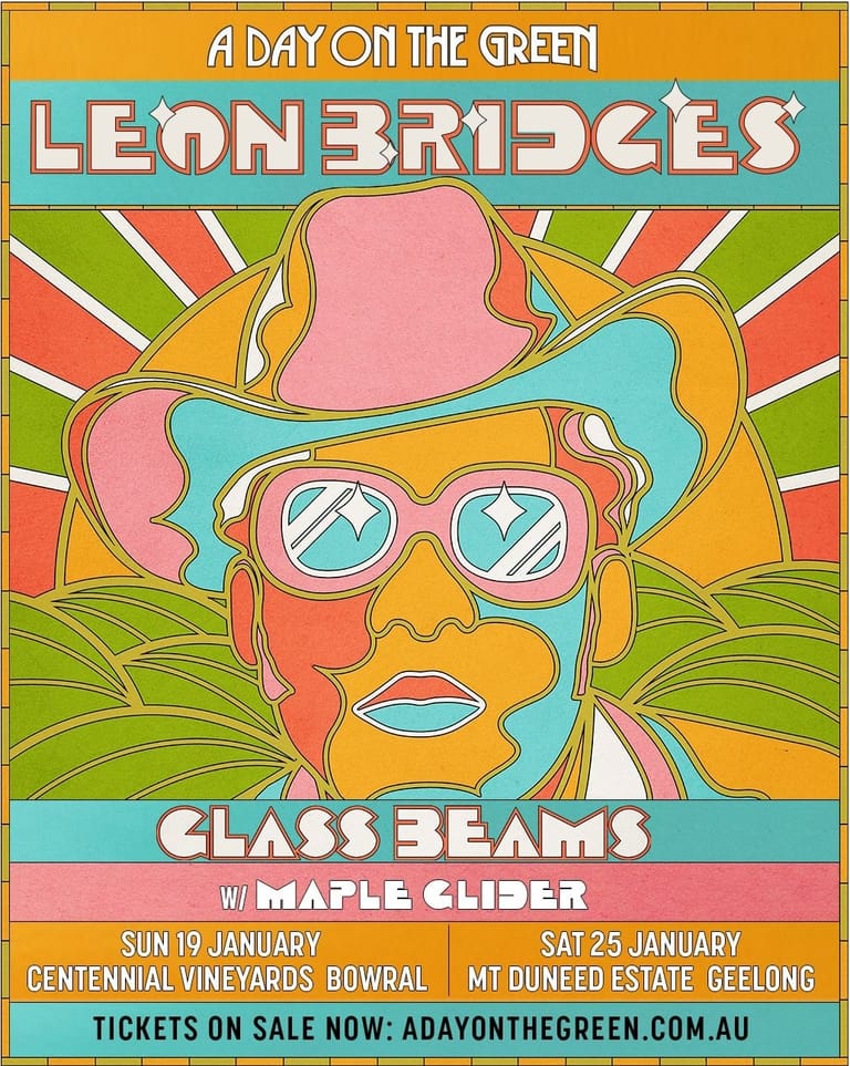 Psychedelic pop-art poster for A Day on the Green featuring Leon Bridges, Class Beams, and Maple Glider at Centennial Vineyards.