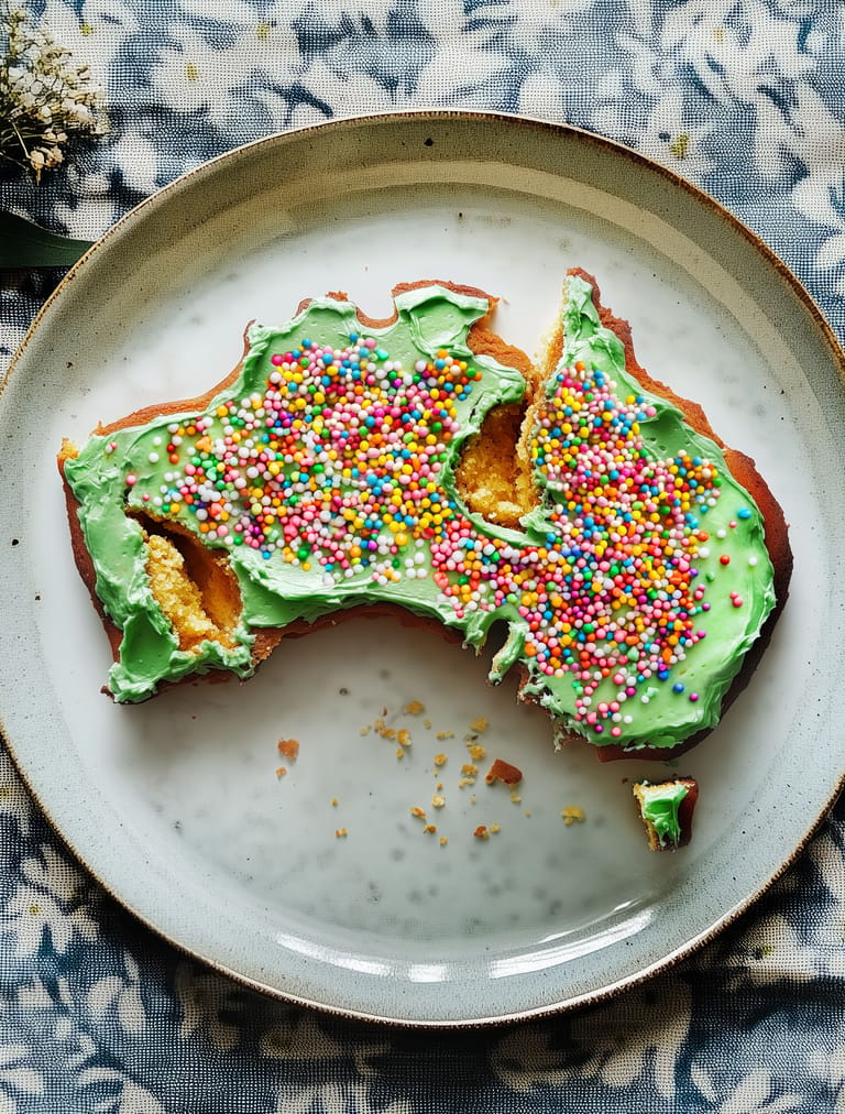Australia map-shaped toast with avocado and colourful sprinkles on a ceramic plate.