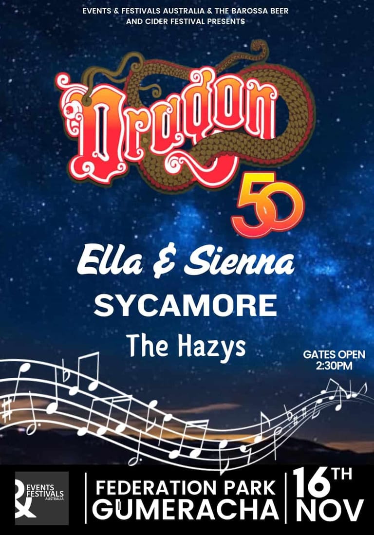 Predawn festival poster featuring a gold dragon logo, performer names, venue details and musical notes against a starry night sky.