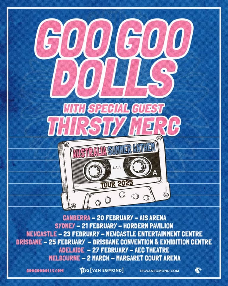 Pink and blue tour poster for Goo Goo Dolls with Thirsty Herc, featuring a cassette tape and Australian summer dates.