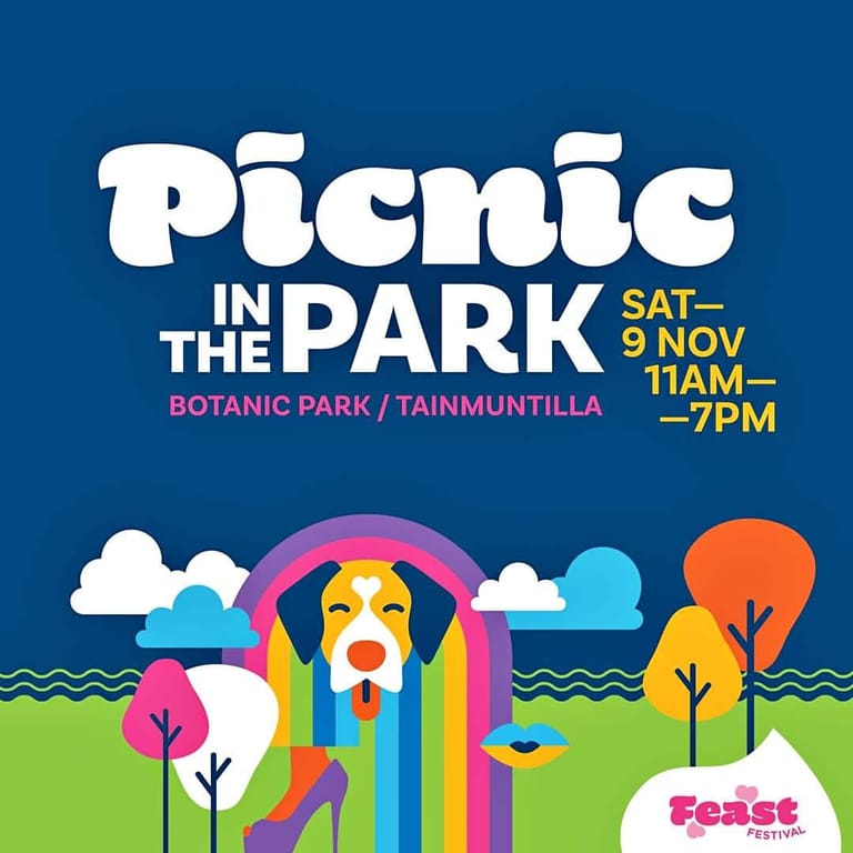 Colourful event poster for Picnic in the Park featuring stylised dog and rainbow design against blue sky and green parkland.