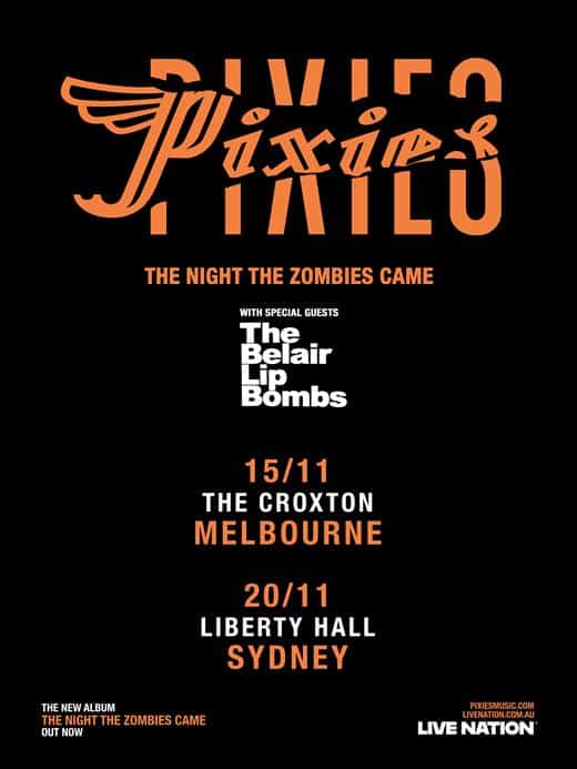 Pixies tour poster advertising Australian dates with The Belair Up Bombs, featuring orange winged logo and black background.