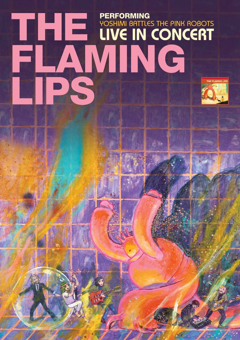 The Flaming Lips perform a concert featuring giant inflatable robots amid colourful stage projections and flames.
