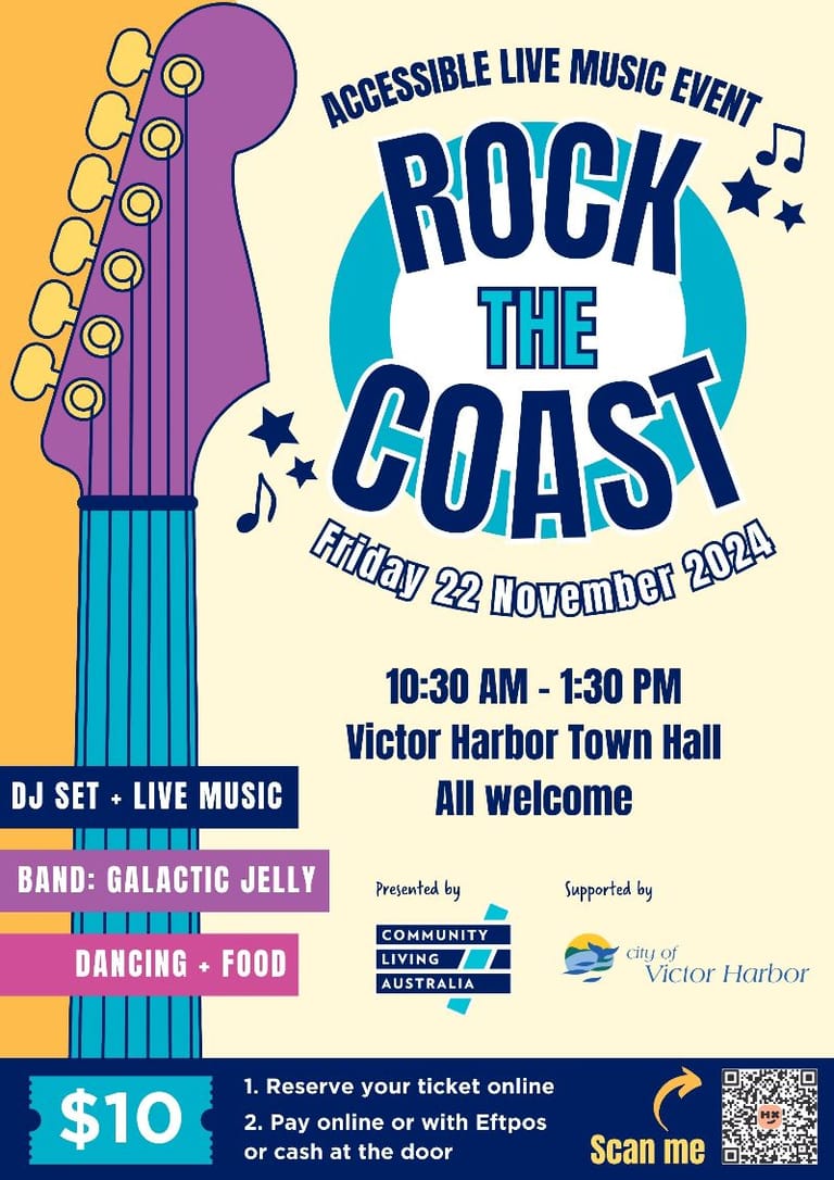 Promotional poster for Rock the Coast accessible live music event featuring a purple guitar headstock against yellow background.
