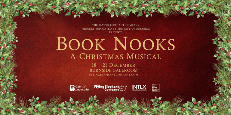 Book Nooks: A Christmas Musical promotional poster with festive greenery border and gold text on crimson background.