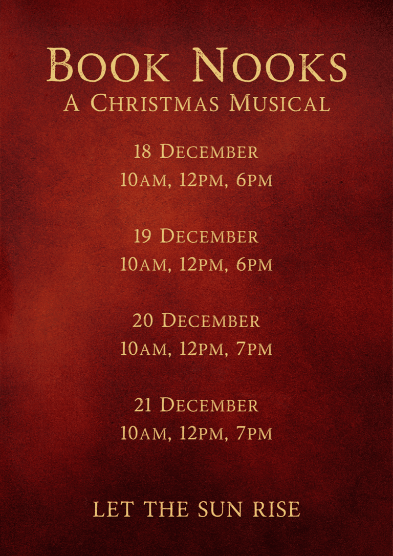 Red poster for Book Nooks: A Christmas Musical with performance dates and times in December.