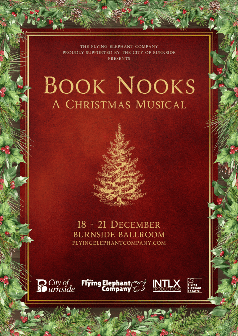 Theatre poster for Book Nooks: A Christmas Musical, featuring a gold Christmas tree on deep red background surrounded by festive greenery.