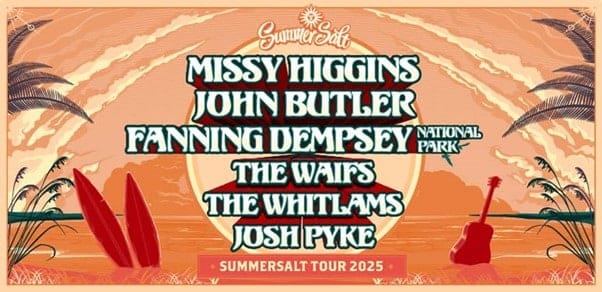 Festival poster for Summersalt Tour 2025 featuring Missy Higgins, John Butler, Fanning Dempsey and other artists on warm orange background.