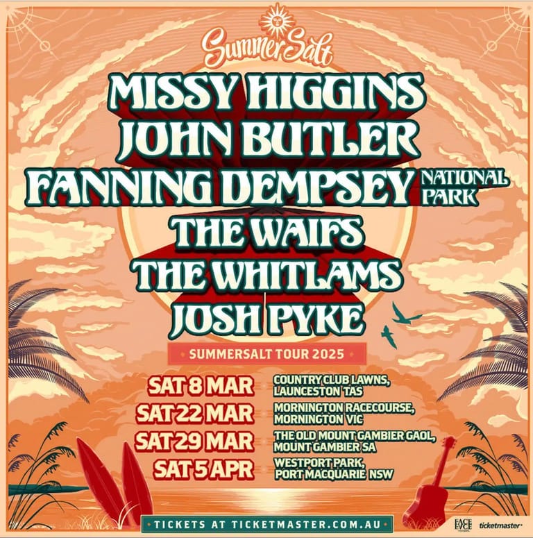 Summer Salt festival poster featuring Missy Higgins, John Butler, Fanning Dempsey and other artists across Australian venues in March and April 2025.