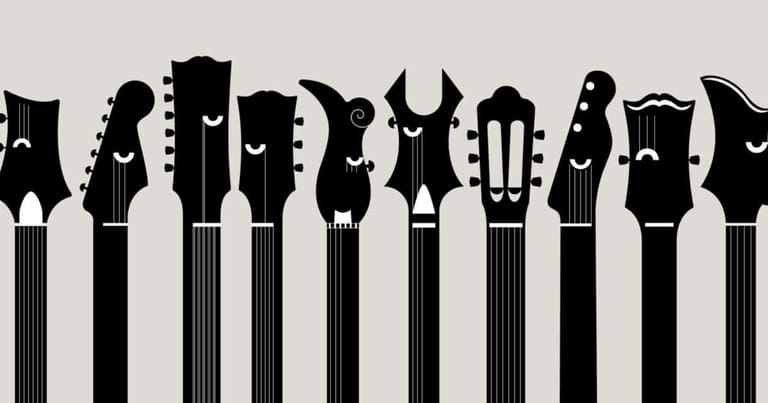 Row of electric guitar headstocks in black silhouette against white background.