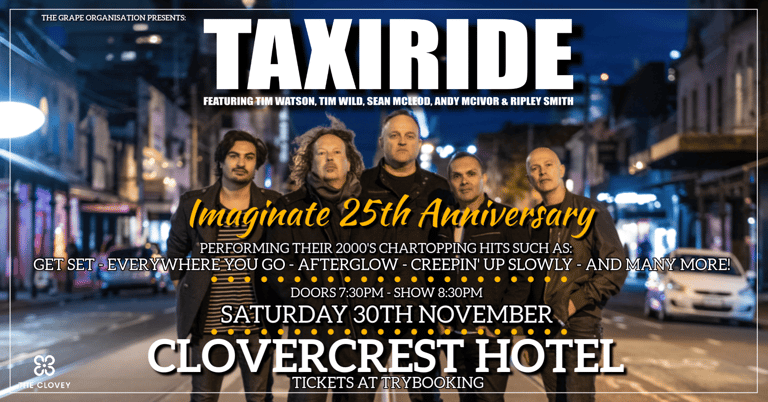 Five band members stand on a neon-lit city street at night for Taxiride's 25th anniversary tour poster.