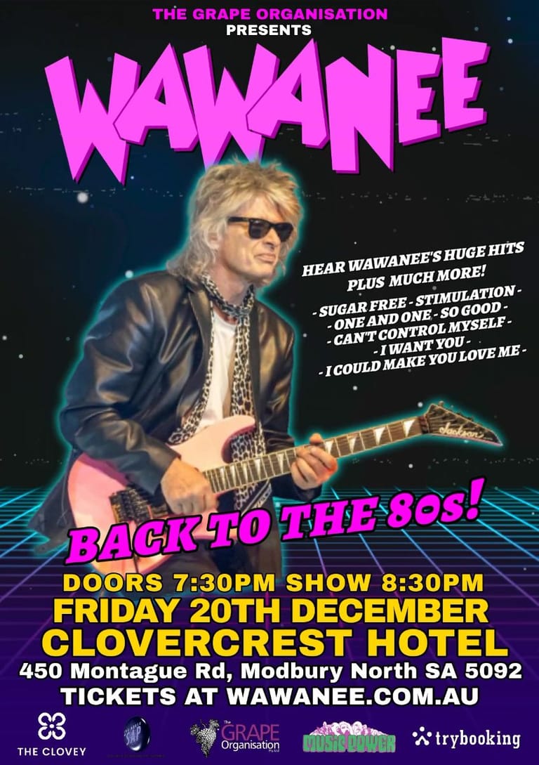 Musician in sunglasses and leather jacket playing guitar under magenta "Wawanee" text on dark starry background.