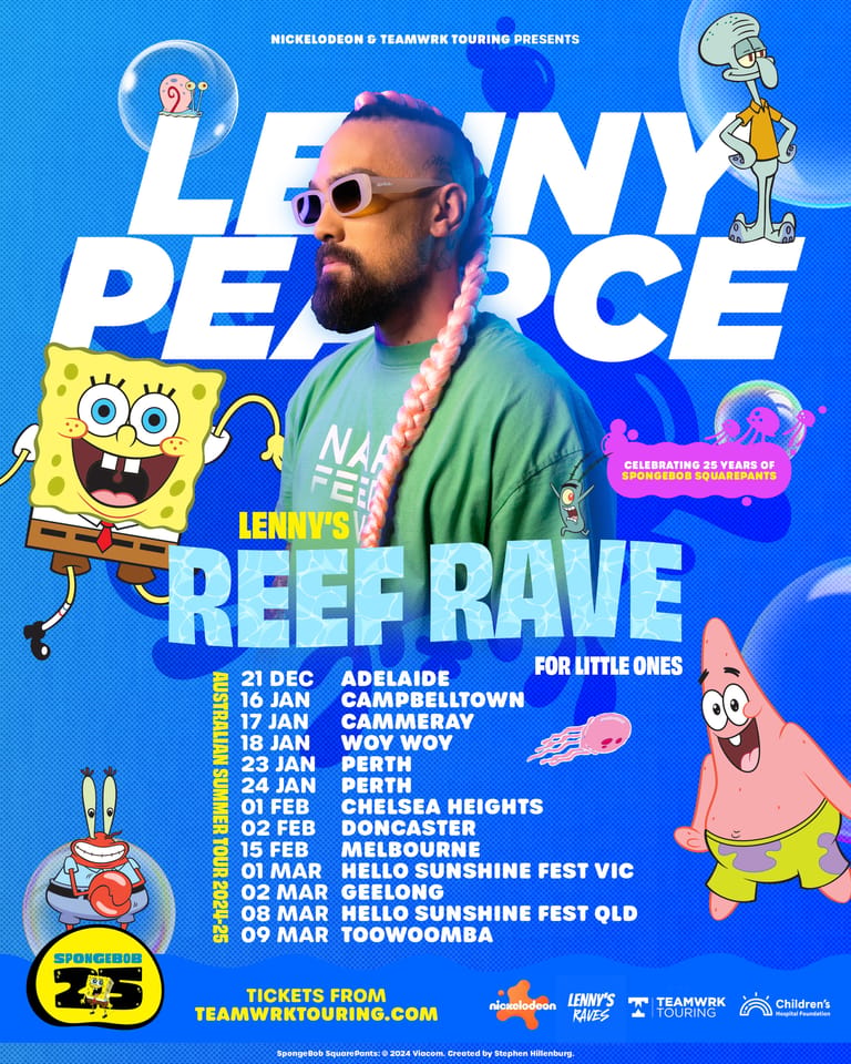 Man wearing sunglasses and green jacket against bright blue poster background featuring Nickelodeon cartoon characters.