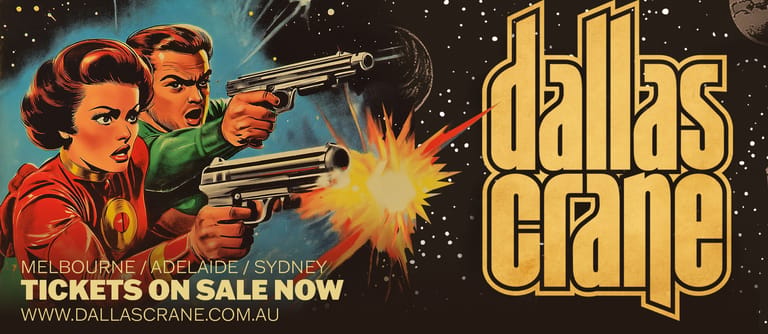 Retro poster artwork for Dallas Gang featuring illustrated figures with guns and explosive action against a turquoise and gold background.
