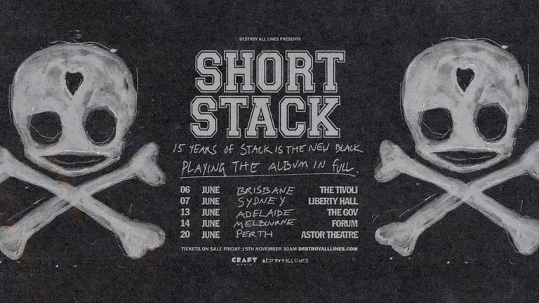 Two skull-and-crossbones symbols flank "Short Stack" text with tour dates on a dark textured background.