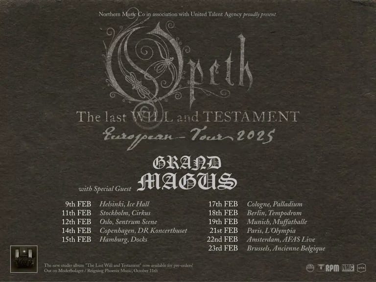 Opeth European tour poster for 2025 featuring band name and dates with supporting act Grand Magus.