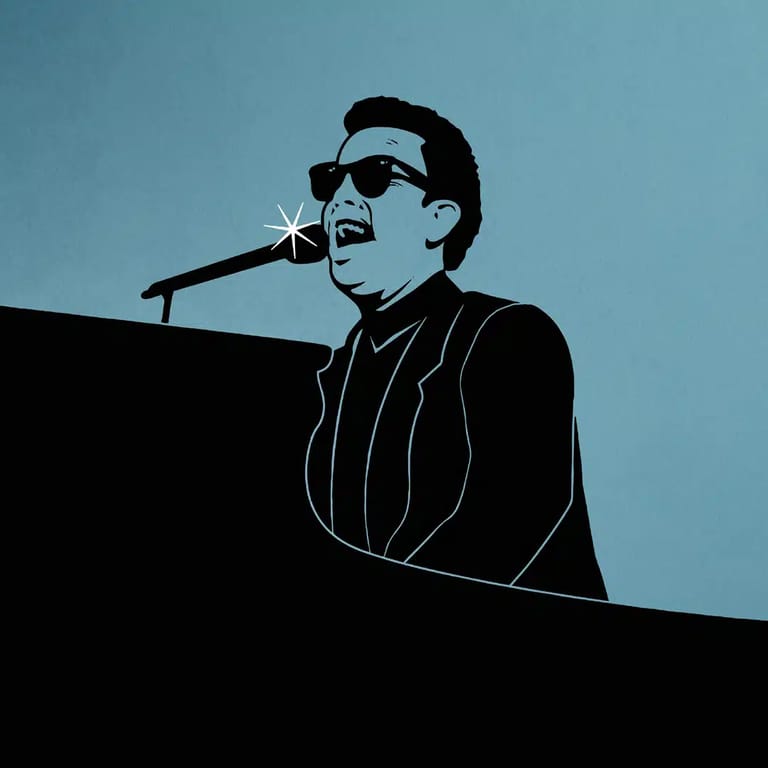 Silhouetted pianist wearing sunglasses singing at microphone against blue background.