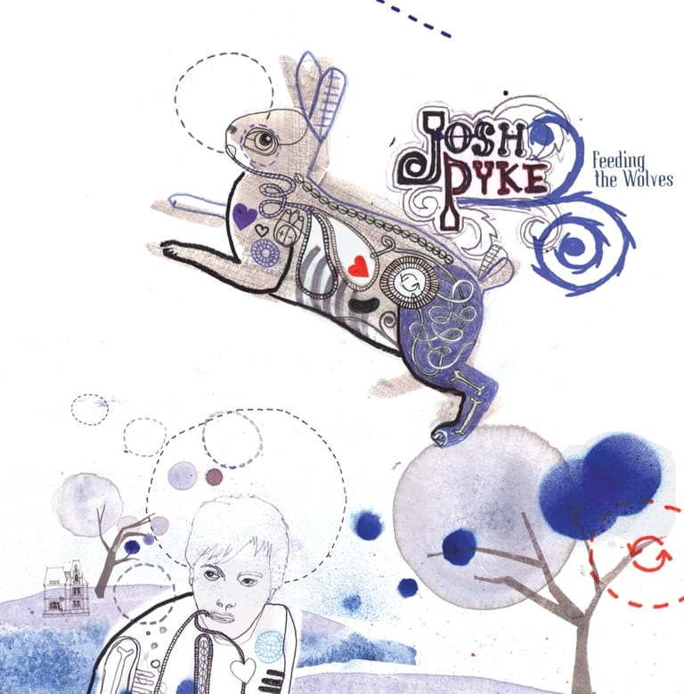 Stylised illustration of a figure riding a mechanical rabbit with "Josh Pyke" logo and blue watercolour elements.