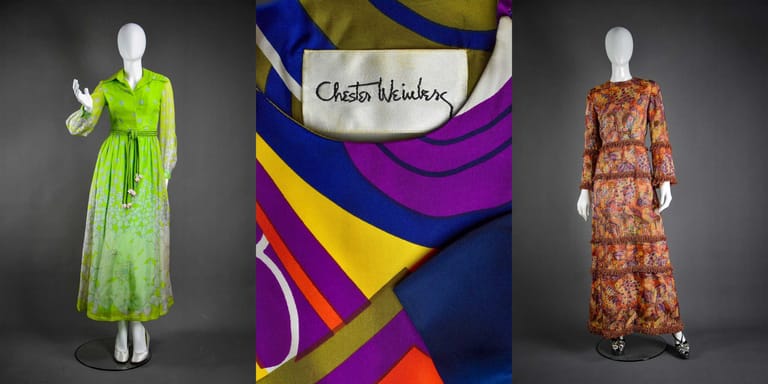 Two vintage dresses flank a close-up of a vibrant multicoloured silk scarf signed by designer Oleg Cassini.