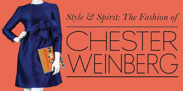 Person wearing a deep blue ruffled dress and holding a patterned clutch against an orange background with exhibition title text.