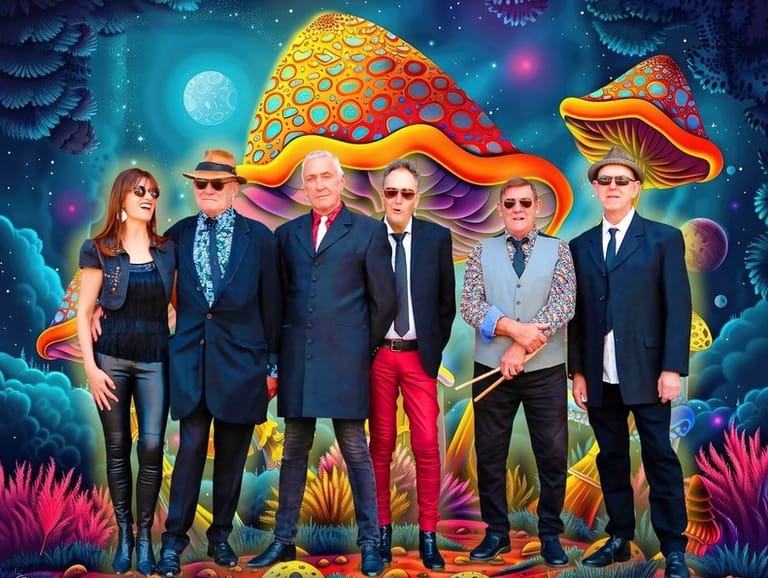 Six people in formal suits stand beneath oversized glowing mushrooms against a vibrant psychedelic landscape with moon and stars.