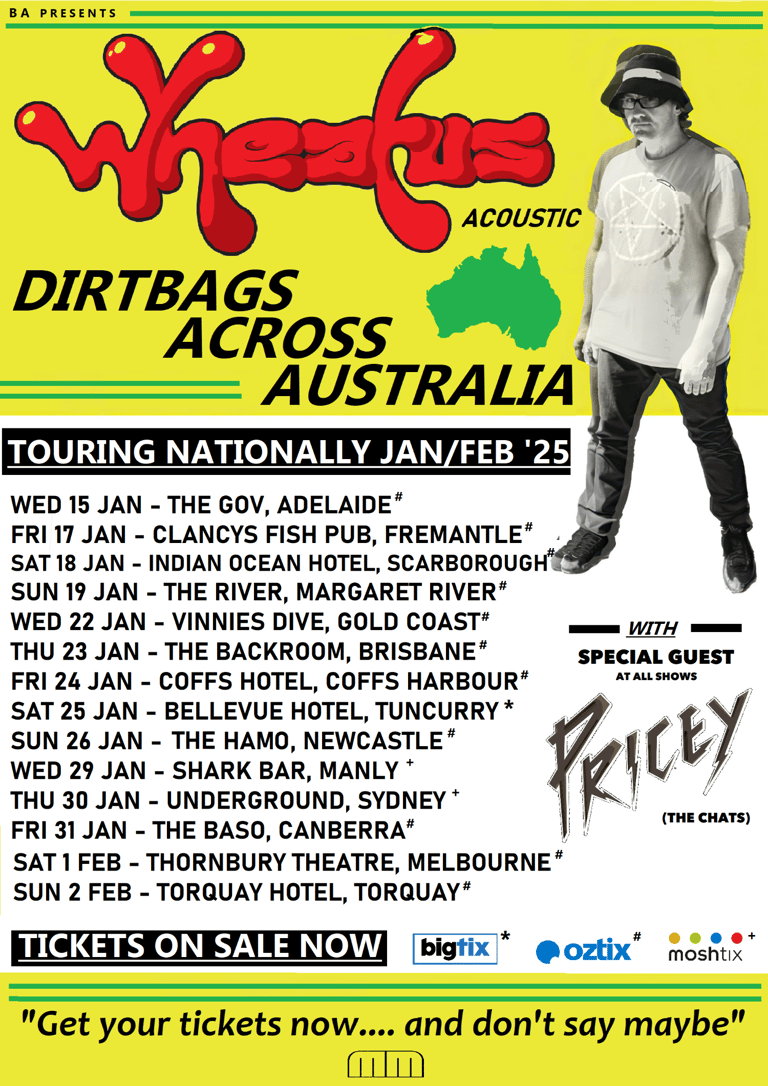 Wheatus acoustic tour poster featuring band name in red graffiti lettering against bright yellow background with Australian map.