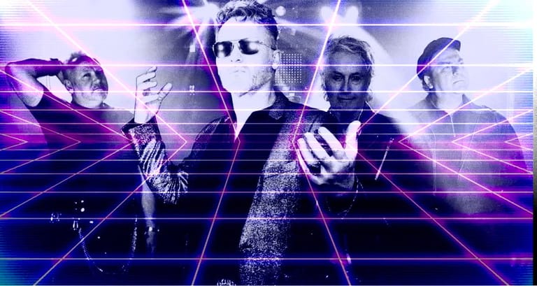 Five figures in futuristic costumes posed against neon purple and blue digital grid backdrop.