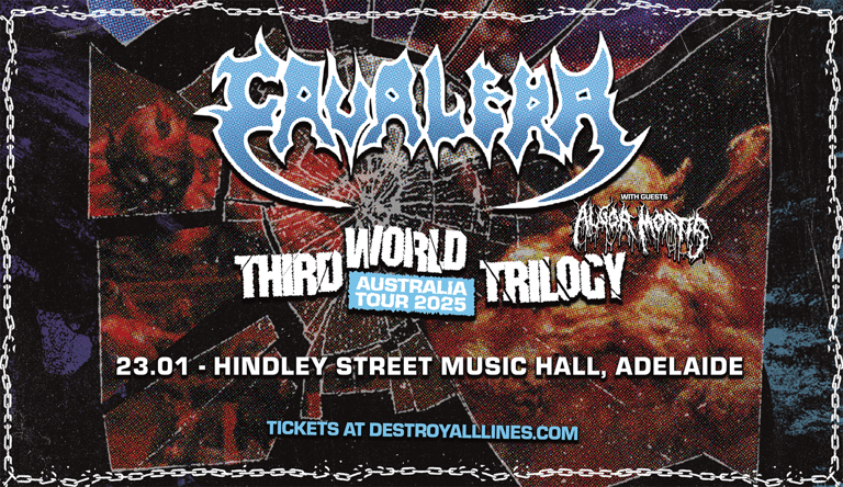 Poster for Cavalera, Third World Trilogy, and Blood Mortized at Hindley Street Music Hall Adelaide on 23 January.