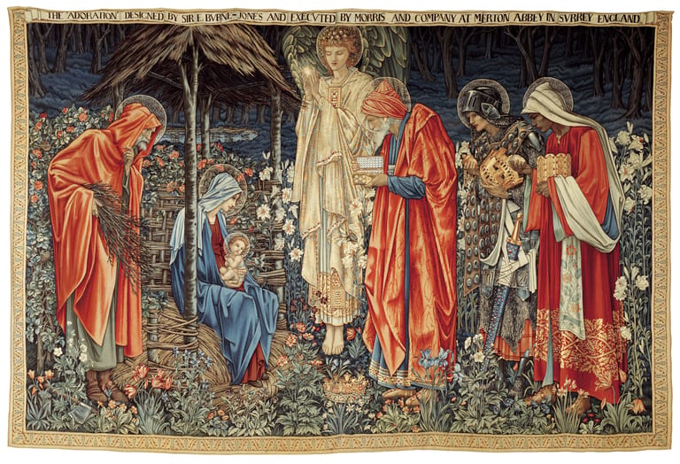 Medieval-style tapestry depicting robed figures in red and gold gathered around a central pale figure in a garden setting.