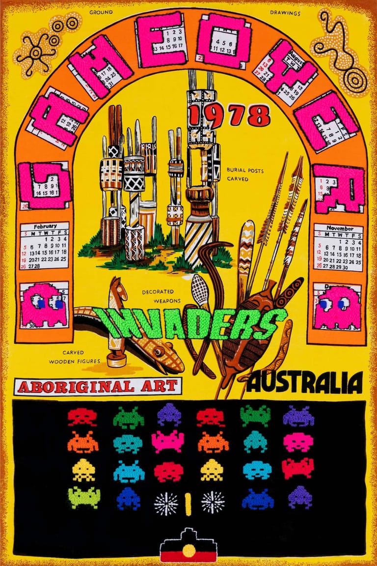 Vintage 1978 arcade game calendar featuring a castle, invaders, and Aboriginal art-inspired design in bright pink, yellow and black.