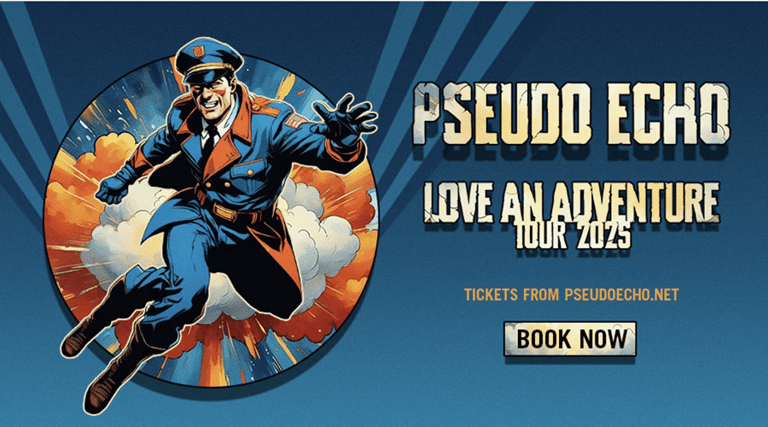 Illustrated character in blue suit and goggles striking a dynamic pose against orange circular backdrop, promoting Pseudo Echo tour.