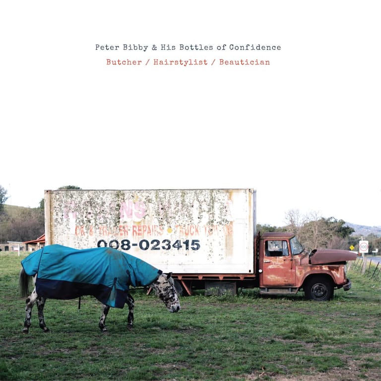 Horse in blue blanket stands beside weathered truck in rural paddock setting.