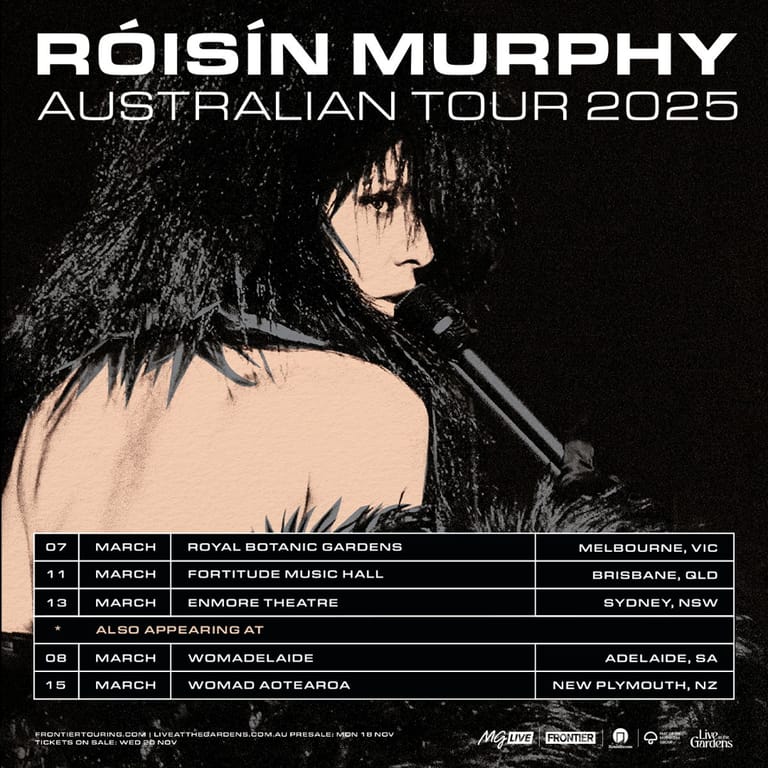 Performer with voluminous black hair holding a microphone, positioned against dark background with Australian tour dates listed below.
