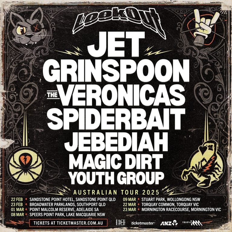 Black and gold tour poster for Lockdown festival featuring Jet, Grinspoon, The Veronicas, Spiderbait and other bands across Australian venues in 2025.
