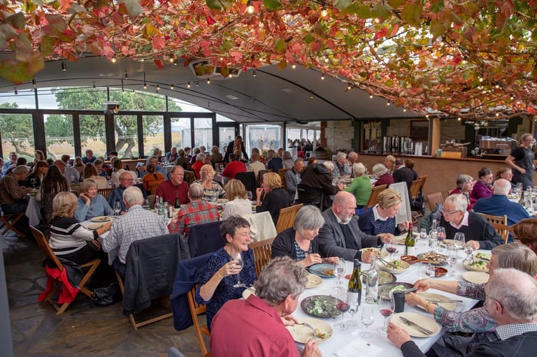 Guests seated at dining tables beneath hanging floral installations in a bright venue space.