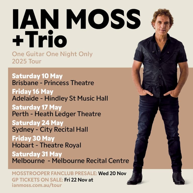Man in dark shirt standing with hands in pockets against beige background, promoting Ian Moss + Trio tour dates.