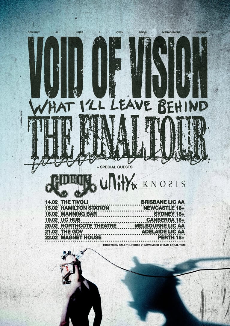 Void of Vision "The Final Tour" concert poster featuring tour dates, venues, and special guests against a distressed blue-grey background.