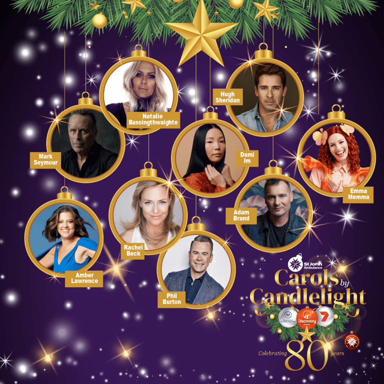 Cast portraits arranged as golden ornaments on purple background for Carols by Candlelight 80th anniversary promotional artwork.