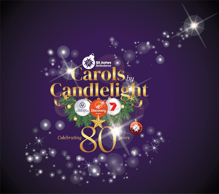 Festive promotional graphic for Carols by Candlelight featuring golden text, sponsor logos and twinkling lights on purple background.