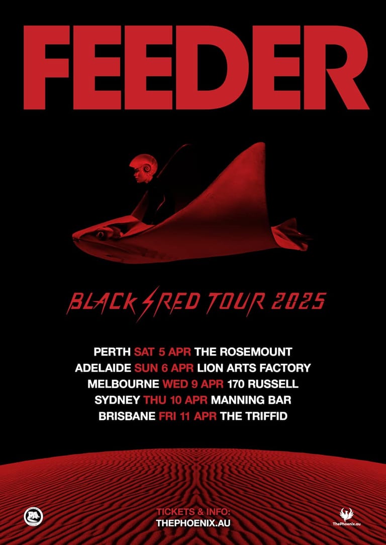 Red "FEEDER" text with skeletal figure and rippling red landscape for Black4Red Tour 2025 Australian dates.