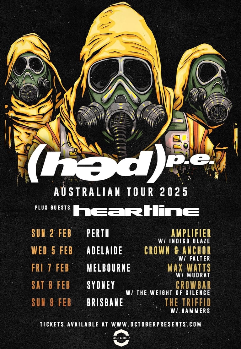Three figures in yellow hazmat suits and gas masks against a black starfield, with "(hed) p.e. AUSTRALIAN TOUR 2025" text below.