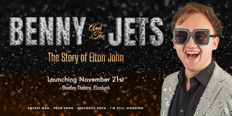 Performer in sunglasses and sparkly jacket smiles beside "Benny and the Jets: The Story of Elton John" promotional text.