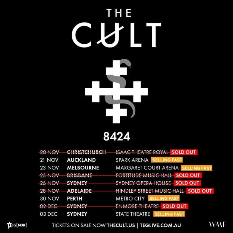The Cult tour announcement poster displaying dates and venues across Australian cities in November and December.