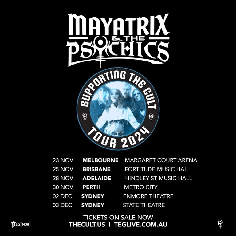 Mayatrix of the Psychics tour poster featuring band logo, blue Earth graphic, and Australian venue dates for November-December 2024.